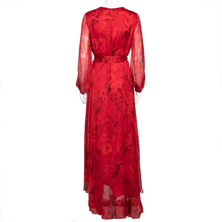 Pre Owned Valentino Red Floral Printed Silk Chiffon Ruffle Trimmed Belted Gown L