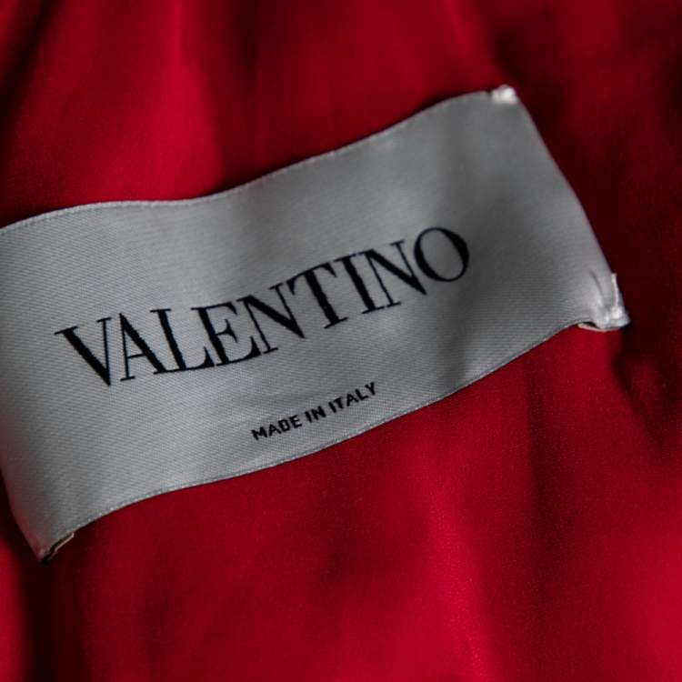 Pre Owned Valentino Red Floral Printed Silk Chiffon Ruffle Trimmed Belted Gown L