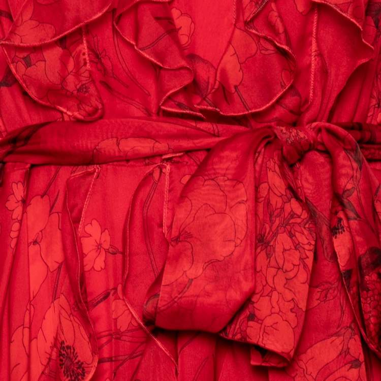 Pre Owned Valentino Red Floral Printed Silk Chiffon Ruffle Trimmed Belted Gown L