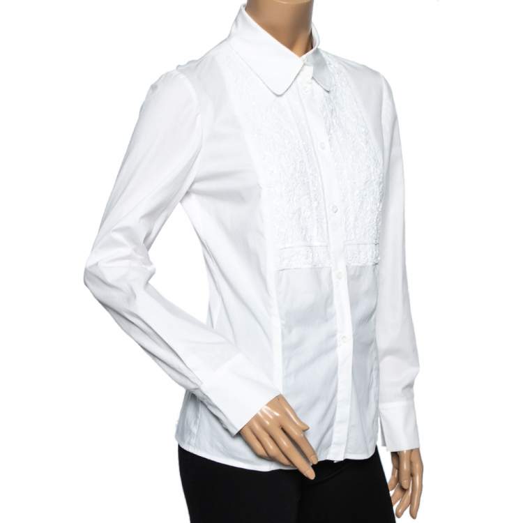 Pre Owned Valentino White Bead Embellished Cotton Button Front Shirt M