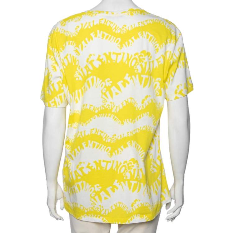 Pre Owned Valentino Yellow Logo Wave Printed Cotton Short Sleeve T-Shirt M
