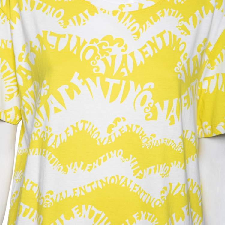 Pre Owned Valentino Yellow Logo Wave Printed Cotton Short Sleeve T-Shirt M