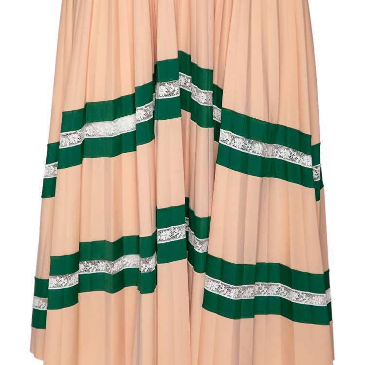 Pre Owned Valentino Peach Crepe & Lace Trimmed Pleated Midi Skirt M 