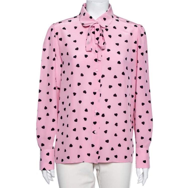 Pre Owned Valentino Pink Heart Printed Silk Neck Tie Detail Shirt L
