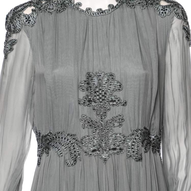 مملوكة مسبقًا Valentino Grey Crepe de Chine Silk Embellished Maxi Dress L