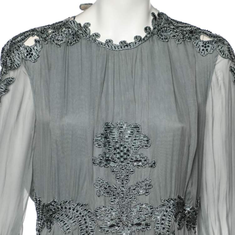 مملوكة مسبقًا Valentino Grey Crepe de Chine Silk Embellished Maxi Dress L