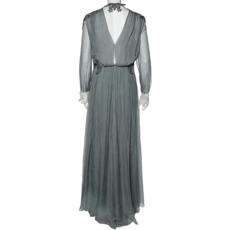 مملوكة مسبقًا Valentino Grey Crepe de Chine Silk Embellished Maxi Dress L