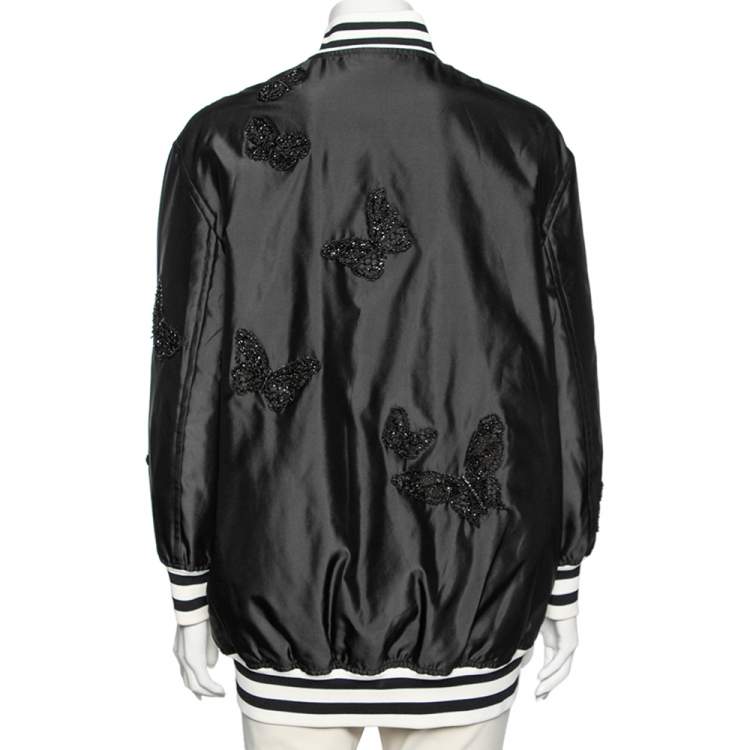 Pre Owned Valentino Black Silk & Rib Knit Trimmed Butterfly Embroidered Bomber Jacket S