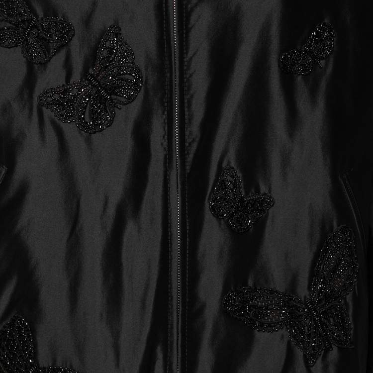 Pre Owned Valentino Black Silk & Rib Knit Trimmed Butterfly Embroidered Bomber Jacket S