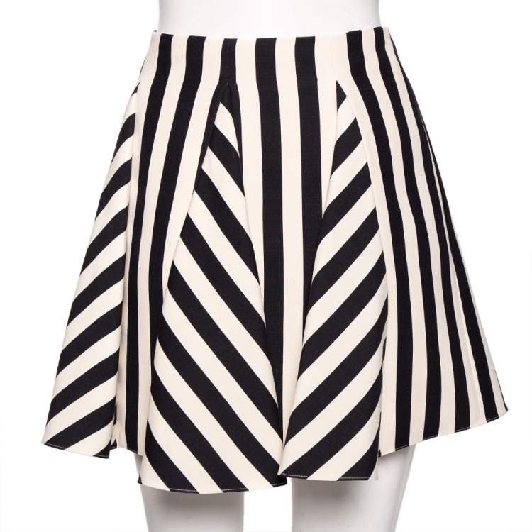 Pre Owned Valentino Monochrome Striped Wool Crepe Flared Short Skirt M