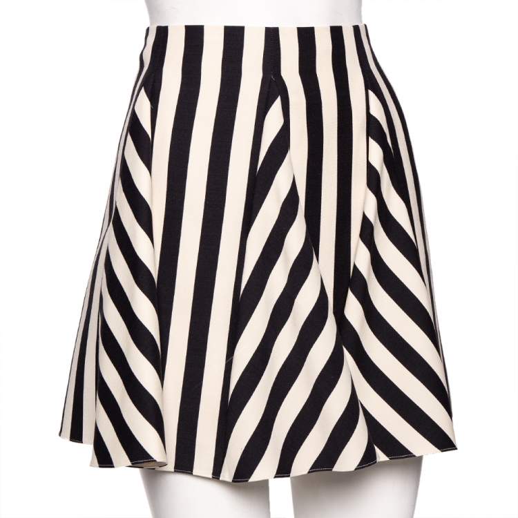 Pre Owned Valentino Monochrome Striped Wool Crepe Flared Short Skirt M