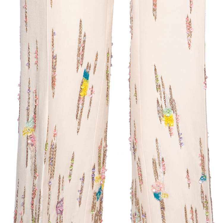 Pre Owned Valentino Cream Wool & Silk Sequin Embroidered Trousers M