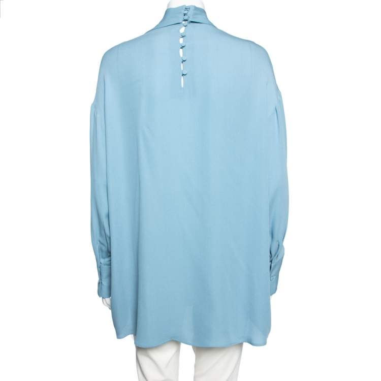 Pre Owned Valentino Blue Silk Bow Tie Back Long Sleeve Blouse M