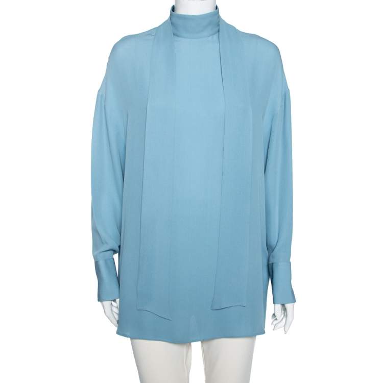 Pre Owned Valentino Blue Silk Bow Tie Back Long Sleeve Blouse M