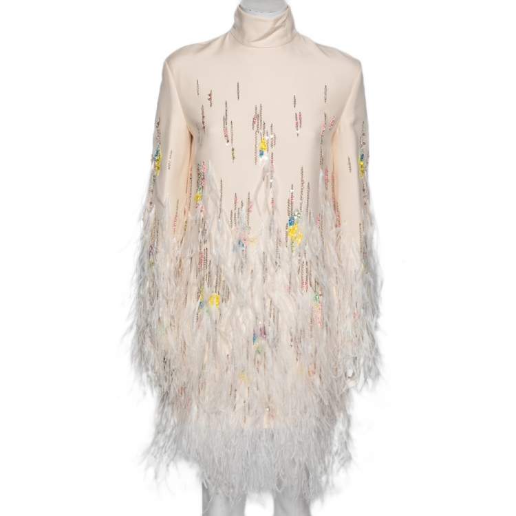 Pre Owned Valentino Cream Wool & Silk Embroidered Feather Embellished Dress M