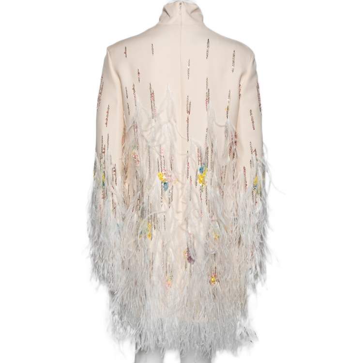 Pre Owned Valentino Cream Wool & Silk Embroidered Feather Embellished Dress M