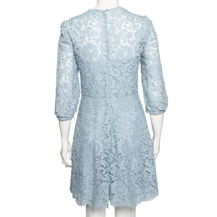 Pre Owned Valentino Blue Lace Crew Neck Dress M