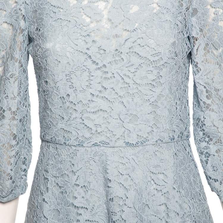 Pre Owned Valentino Blue Lace Crew Neck Dress M