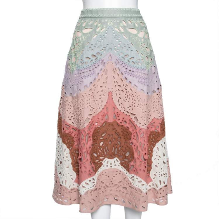 Pre Owned Valentino Multicolor Linen Laser Cut Beaded Embellished Skirt M