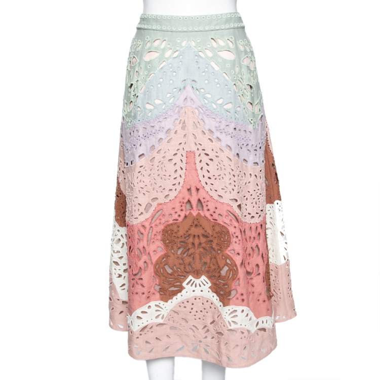 Pre Owned Valentino Multicolor Linen Laser Cut Beaded Embellished Skirt M