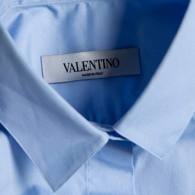 Pre Owned Valentino Blue Cotton Gathered Hem Detail Button Front Shirt M