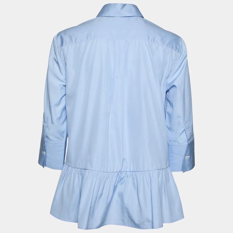 Pre Owned Valentino Blue Cotton Gathered Hem Detail Button Front Shirt M
