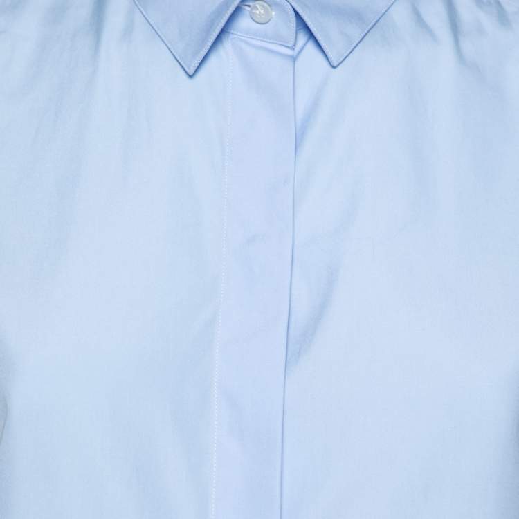 Pre Owned Valentino Blue Cotton Gathered Hem Detail Button Front Shirt M