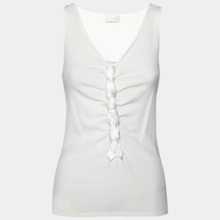 Pre Owned Valentino Off White Knit Braided Front Sleeveless Top M