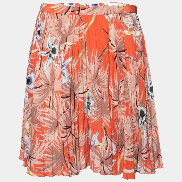 Pre Owned Valentino Orange Floral Printed Pleated Flared Mini Skirt M