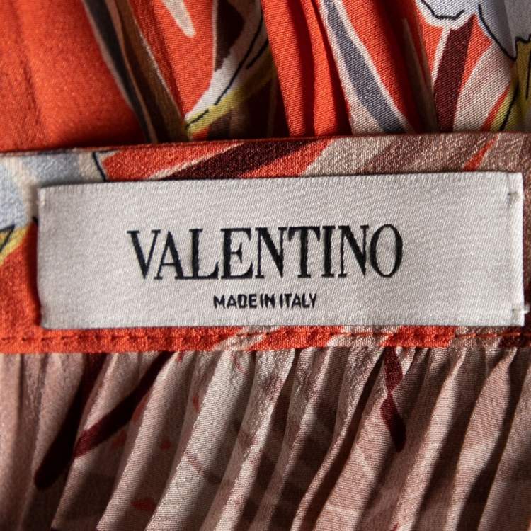 Pre Owned Valentino Orange Floral Printed Pleated Flared Mini Skirt M