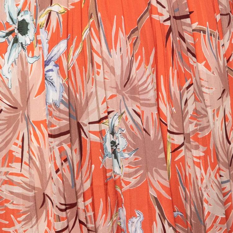 Pre Owned Valentino Orange Floral Printed Pleated Flared Mini Skirt M