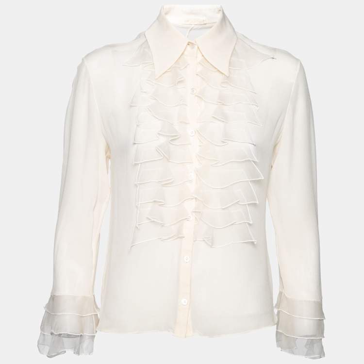 Pre Owned Valentino Cream Crepe Ruffle Detail Button Front Long Sleeve Blouse L