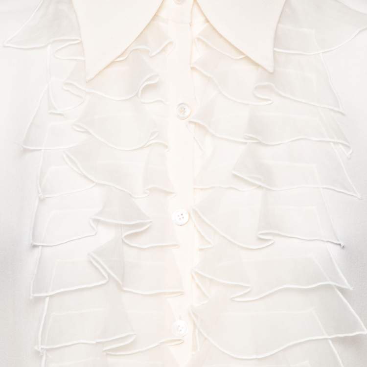 Pre Owned Valentino Cream Crepe Ruffle Detail Button Front Long Sleeve Blouse L
