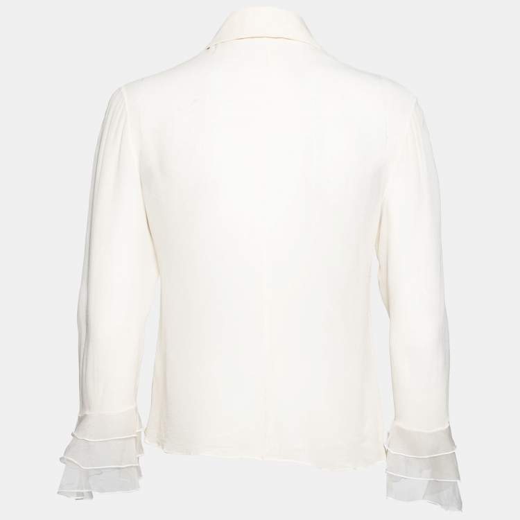 Pre Owned Valentino Cream Crepe Ruffle Detail Button Front Long Sleeve Blouse L