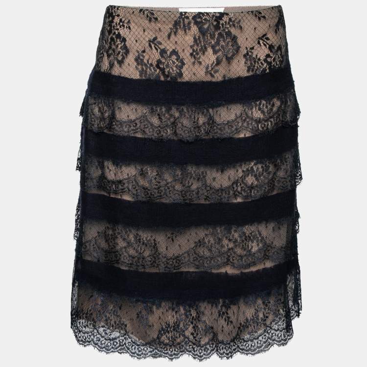 Pre Owned Valentino Blue and Beige Ruffle Trim Lace Skirt S