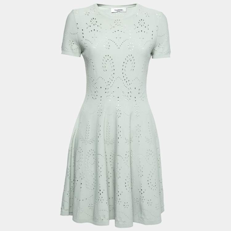 Pre Owned Valentino Mint Green Patterned Pointelle Knit Short Sleeve Dress M