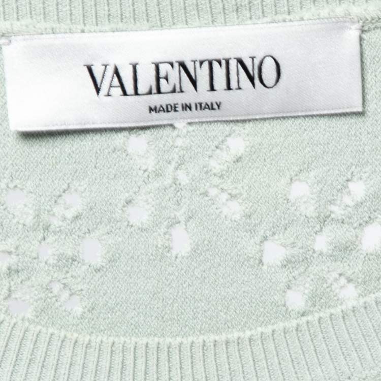 Pre Owned Valentino Mint Green Patterned Pointelle Knit Short Sleeve Dress M