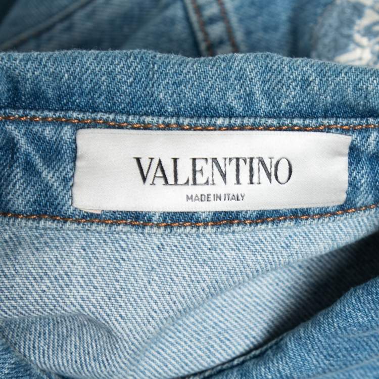 Pre Owned Valentino Blue Denim Butterfly Embroidered Button Front Shirt M