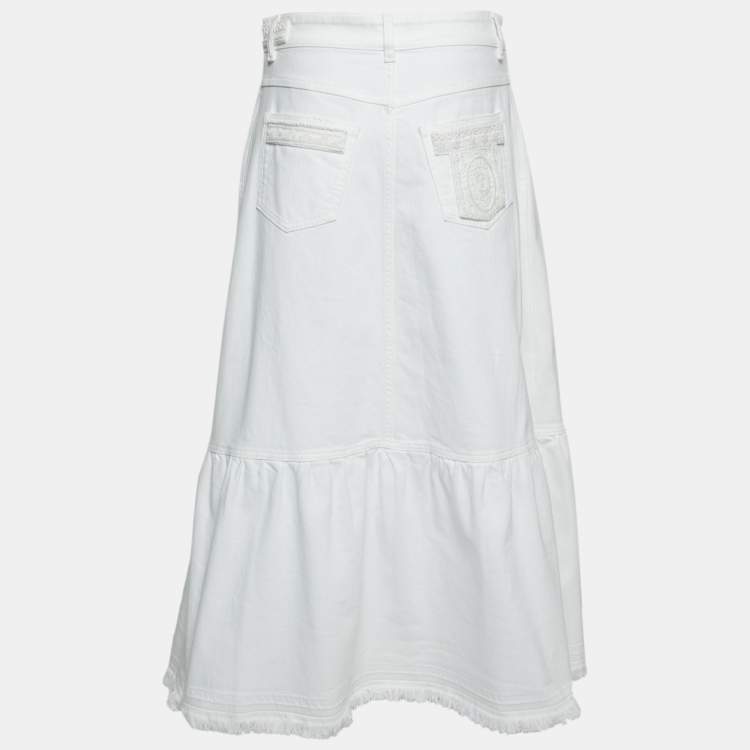 Pre Owned Valentino White Denim Bead Embroidered Embellished High Waist Skirt M