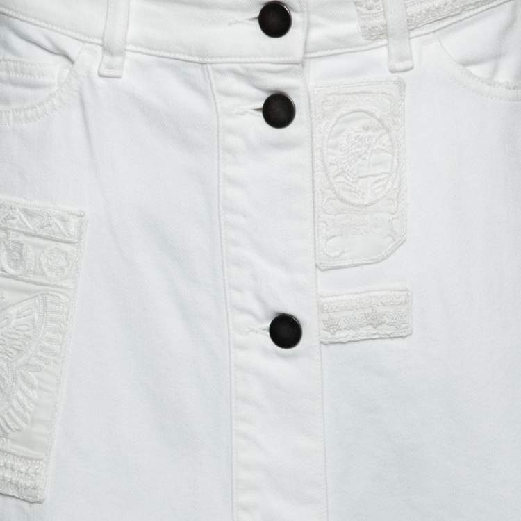 Pre Owned Valentino White Denim Bead Embroidered Embellished High Waist Skirt M