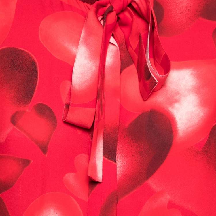 Pre Owned Valentino Red Heart Printed Silk Neck Tie Detail Button Front Blouse M