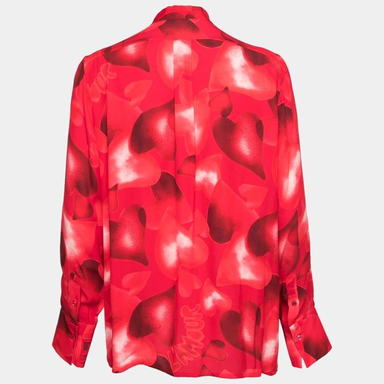 Pre Owned Valentino Red Heart Printed Silk Neck Tie Detail Button Front Blouse M