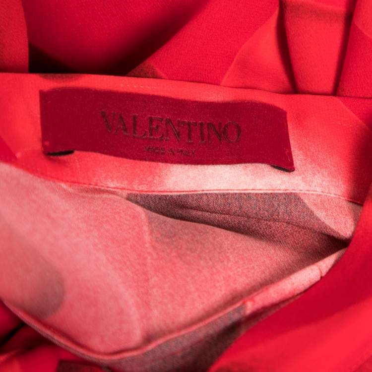 Pre Owned Valentino Red Heart Printed Silk Neck Tie Detail Button Front Blouse M