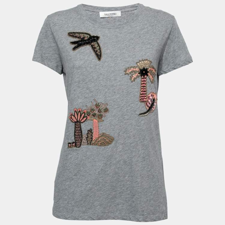 Pre Owned Valentino Grey Cotton Embroidered Embellished Round Neck T-Shirt M