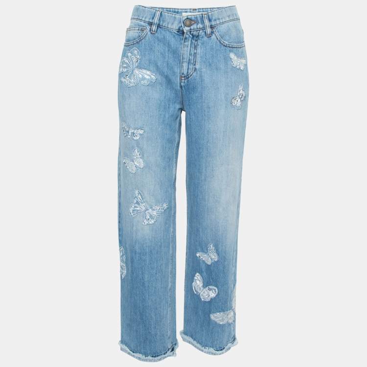 Valentino Blue Denim Butterfly Embroidered Straight Fit Jeans M Valentino
