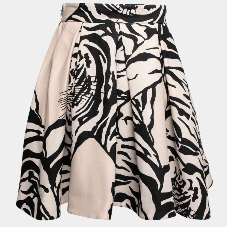 Pre Owned Valentino Monochrome Tiger Printed Wool & Silk Pleated Skirt S