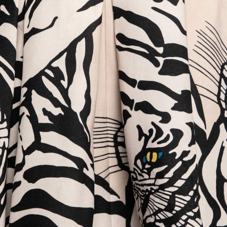 Pre Owned Valentino Monochrome Tiger Printed Wool & Silk Pleated Skirt S