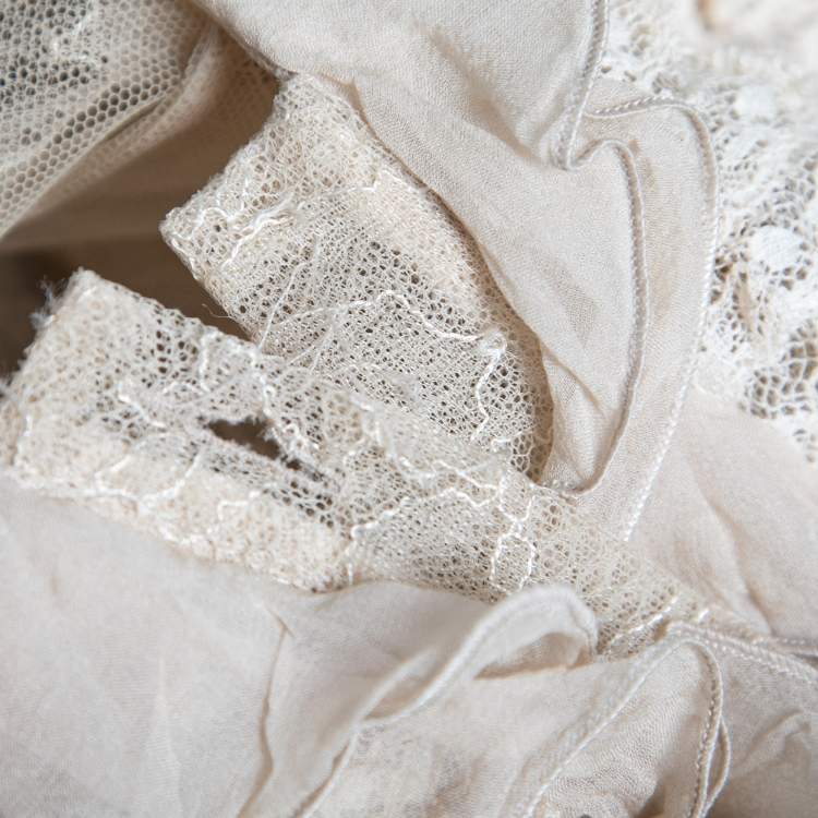 Pre Owned Valentino Beige Lace Ruffle Detail Button Front Long Sleeve Blouse L