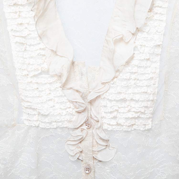 Pre Owned Valentino Beige Lace Ruffle Detail Button Front Long Sleeve Blouse L