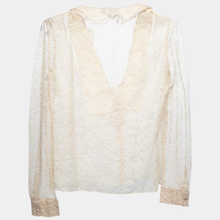 Pre Owned Valentino Beige Lace Ruffle Detail Button Front Long Sleeve Blouse L